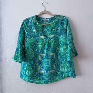 Calypso Christiane Celle XS Green Blue Paisley 100% Silk Blouse Bell Sleeve